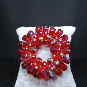 Vintage Ruby Red Crystal Wreath Brooch Filigree Pin